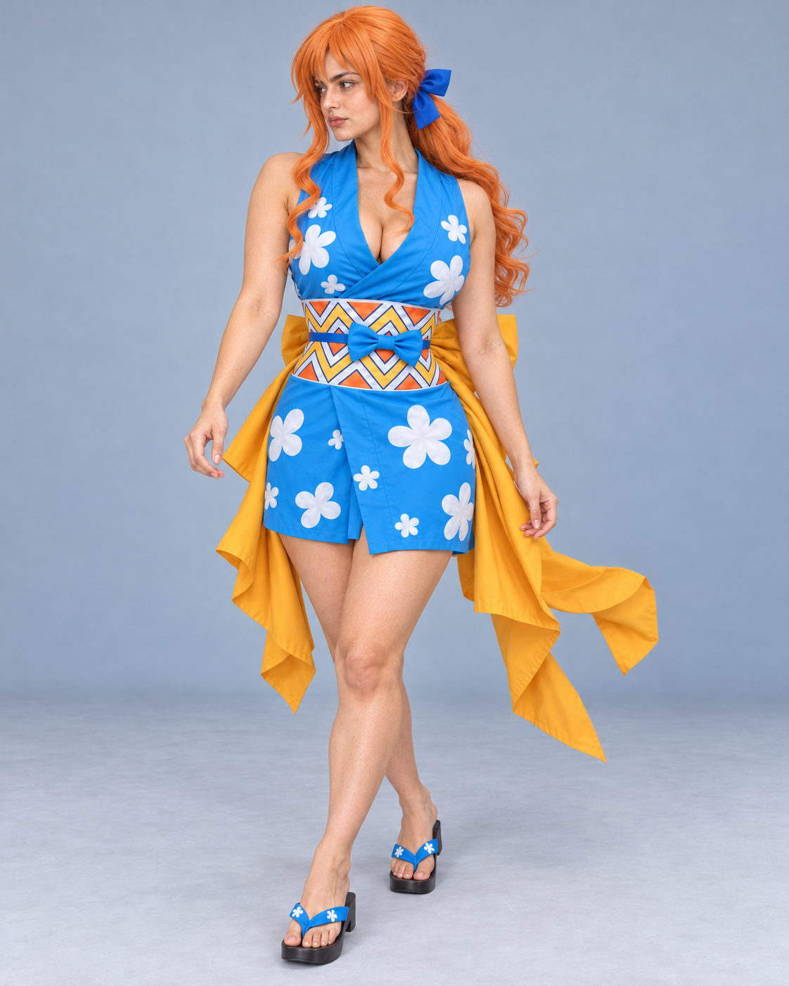 Nami Onigashima cosplay standing side angle showing the blue floral dress and yellow draped panels.