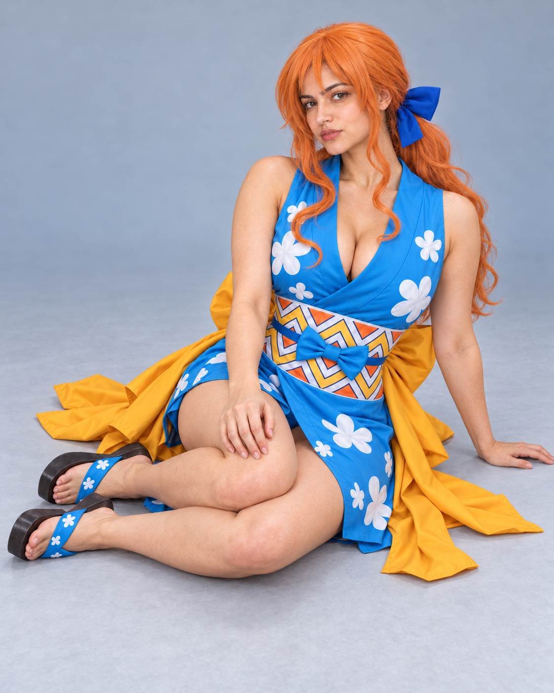 Nami Onigashima cosplay seated on the studio floor showing the floral kimono costume and yellow panels.