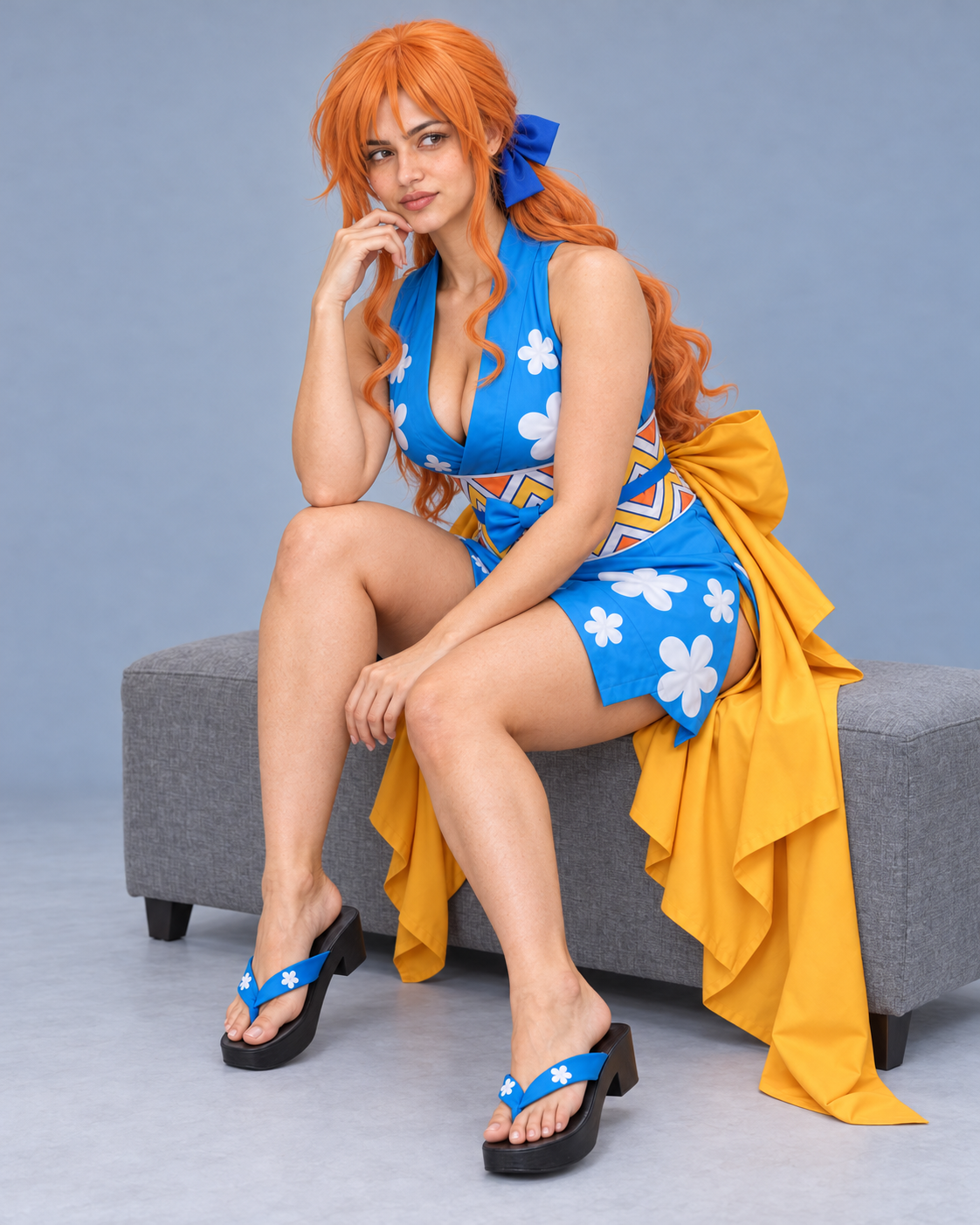 Nami Onigashima cosplay seated on a studio bench showing waistband, blue bow and yellow panels.