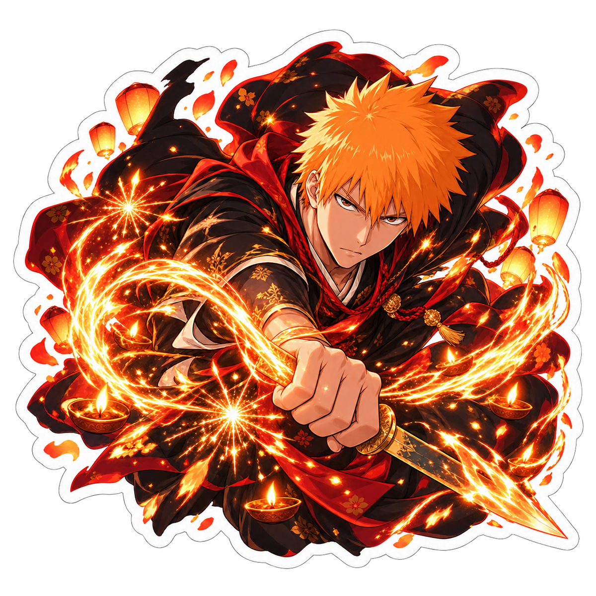 Bankai Burst Diwali anime sticker artwork featuring orange-haired swordsman amid festive sparks