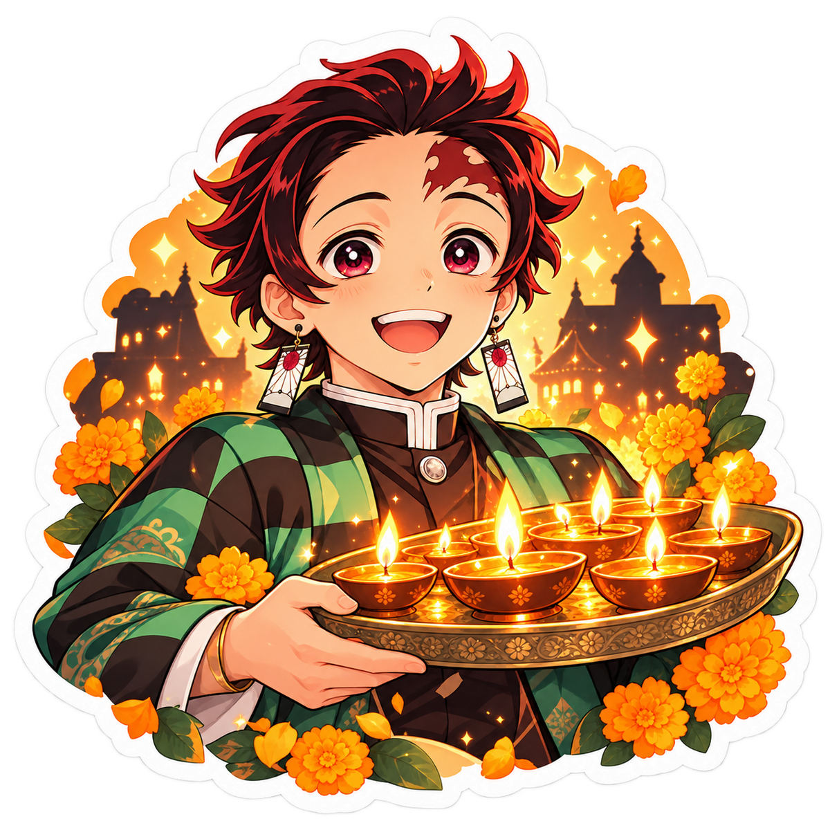 Kindling Hope Diwali anime sticker artwork featuring smiling checkered-cloak hero carrying a tray of diyas