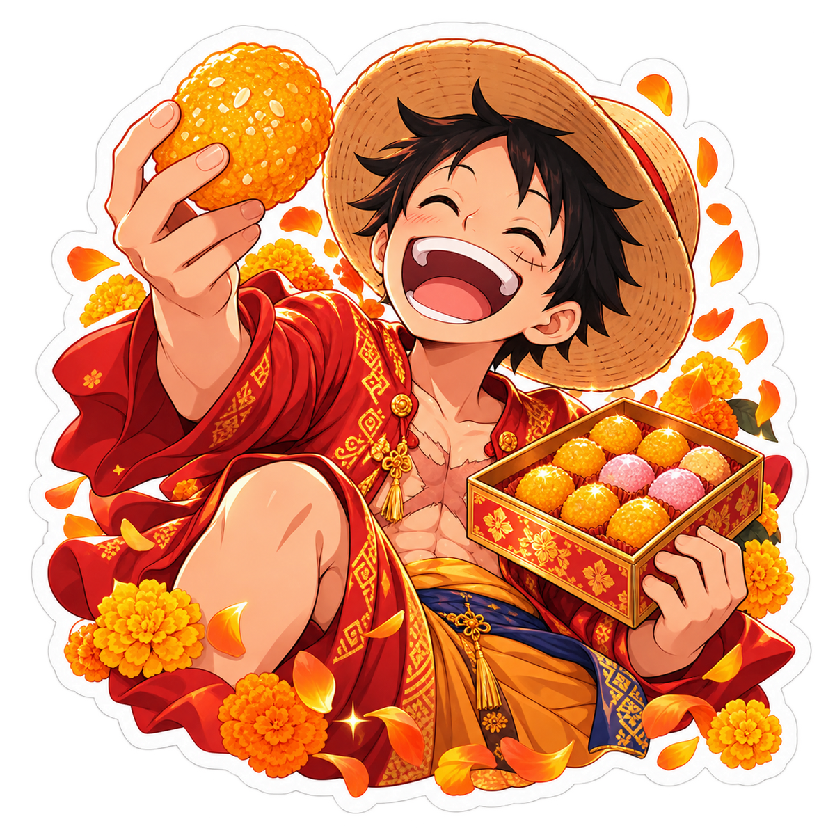 Ladoo Loot Diwali anime sticker artwork featuring laughing straw-hat adventurer with ladoo and festive sweets