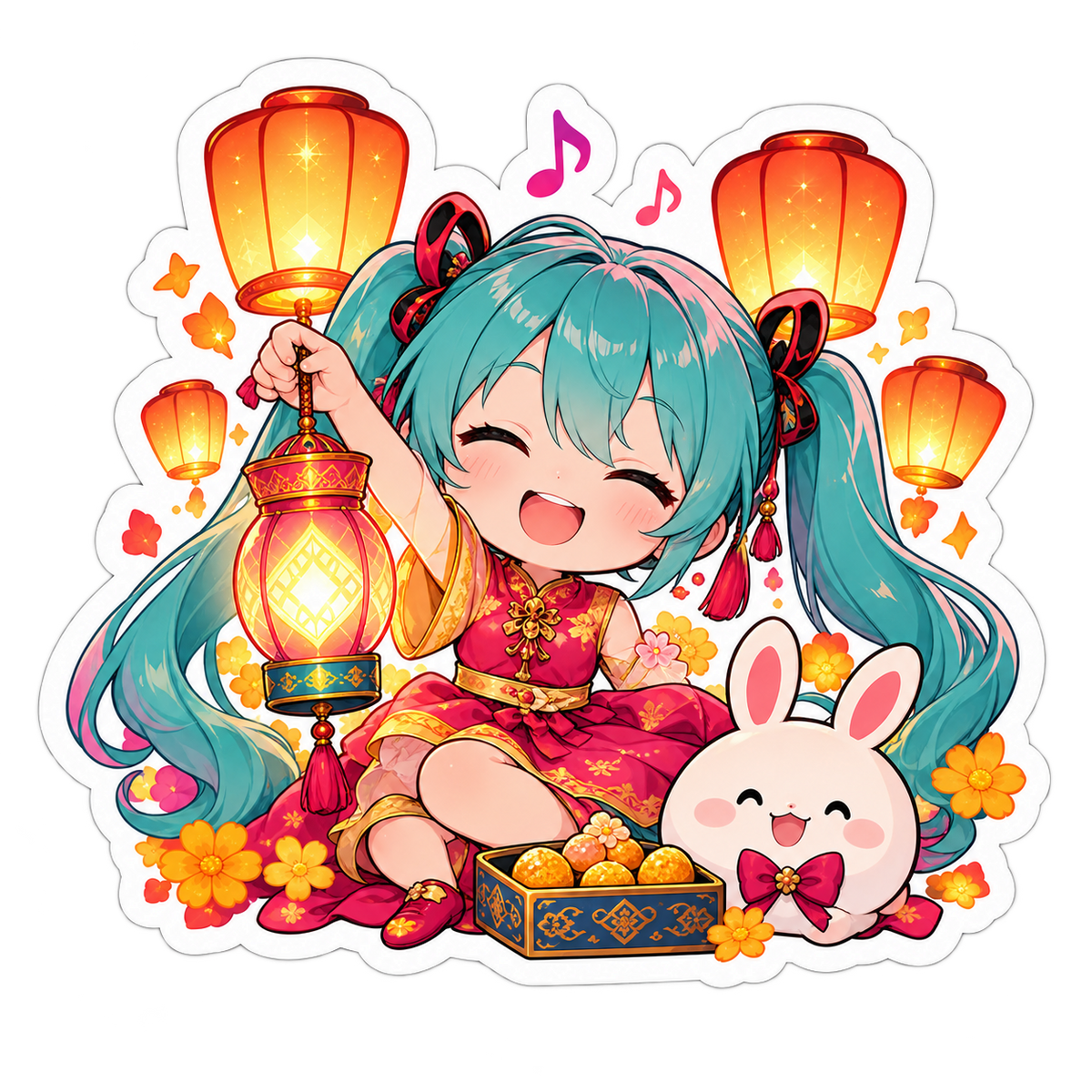 Lantern Pop Diwali anime sticker artwork featuring turquoise twin-tailed chibi holding a glowing festive lantern