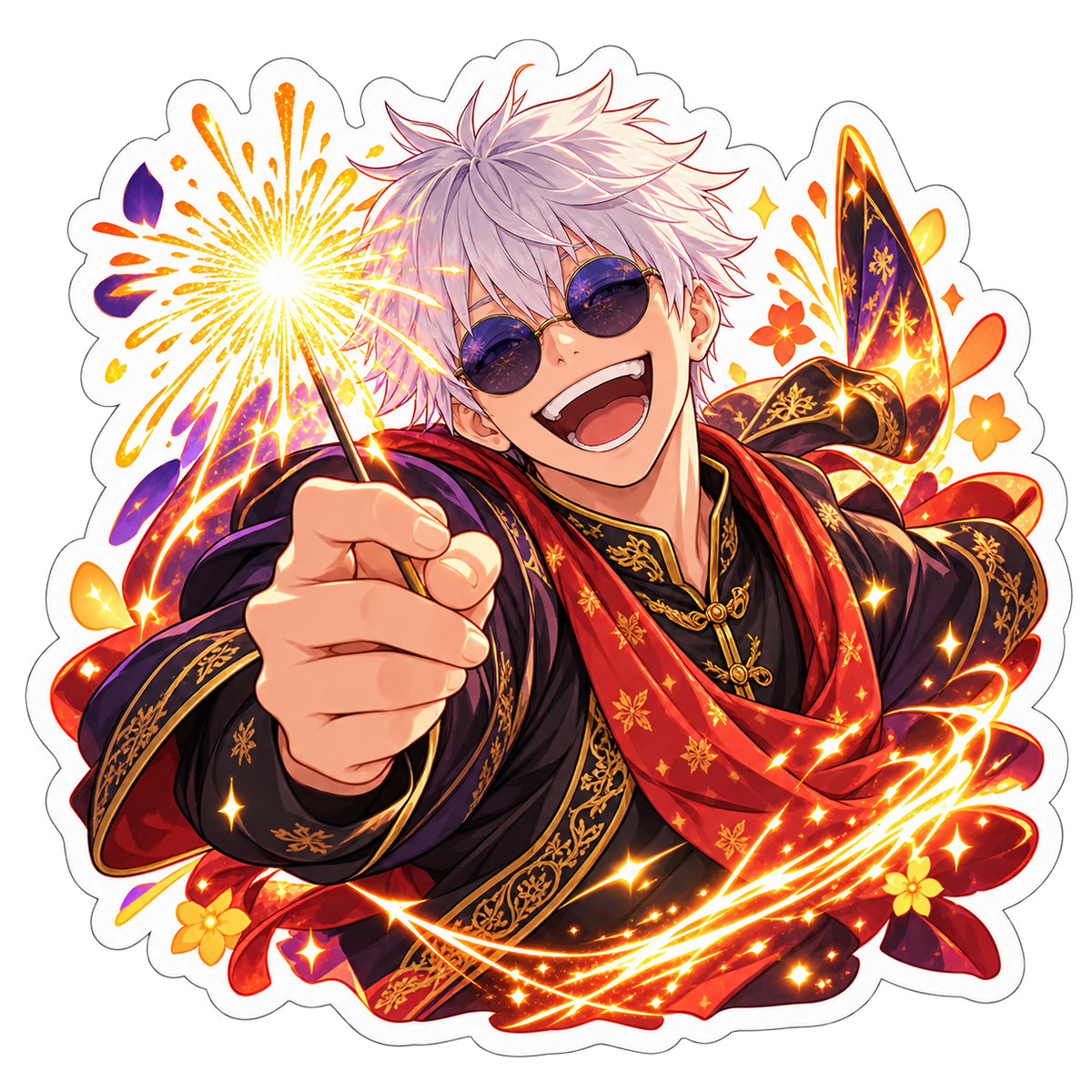 Limitless Spark Diwali anime sticker artwork featuring white-haired anime hero wearing dark glasses and celebrating with a sparkler