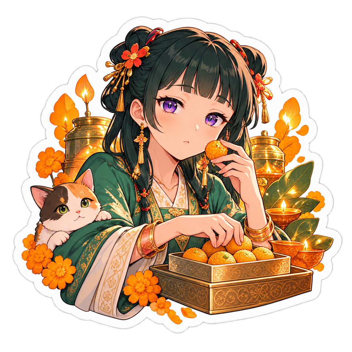 Sweet Sus Diwali anime sticker artwork featuring clever dark-haired heroine holding a festive laddoo with a cat