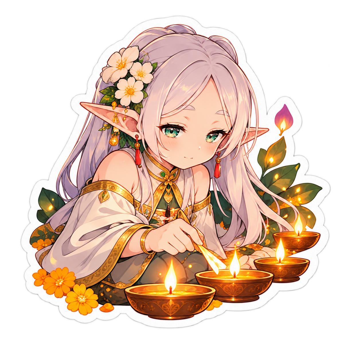 Tiny Magic Diwali anime sticker artwork featuring silver-haired elf tending glowing diyas