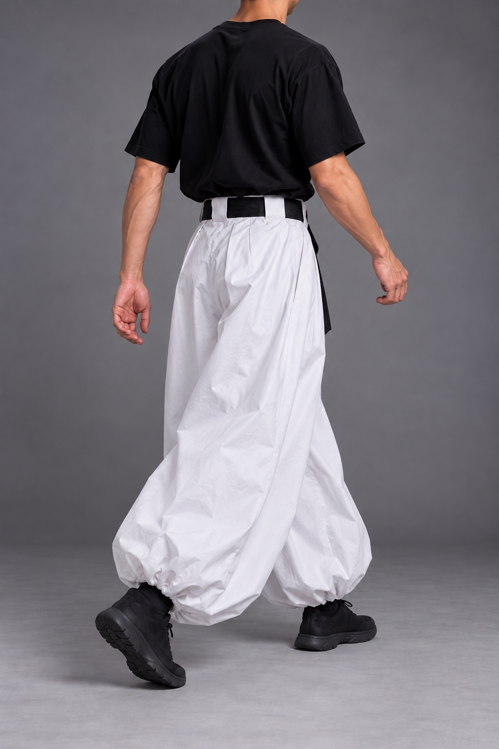 Toji cosplay three-quarter back walking editorial outfit view