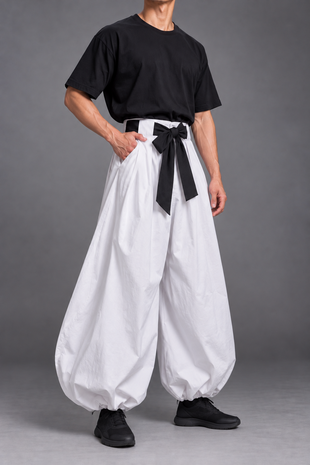 Toji inspired cosplay standing pose – black shirt and white pants