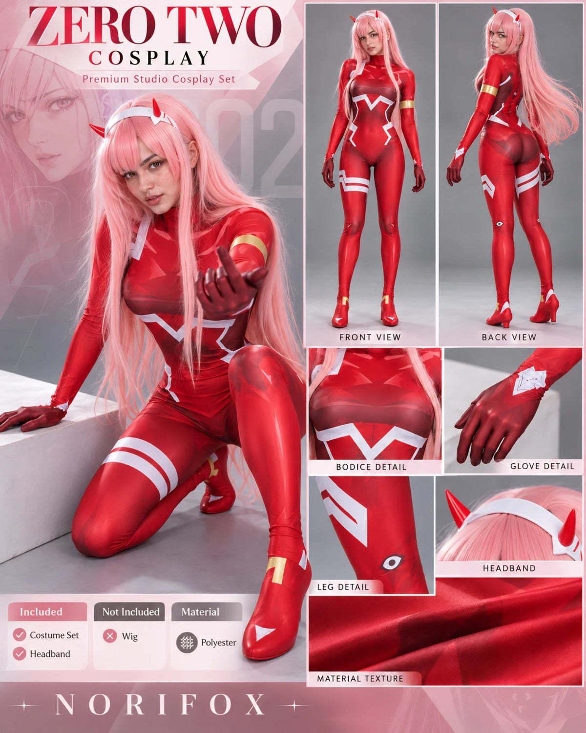 Zero Two cosplay included pieces and polyester material details