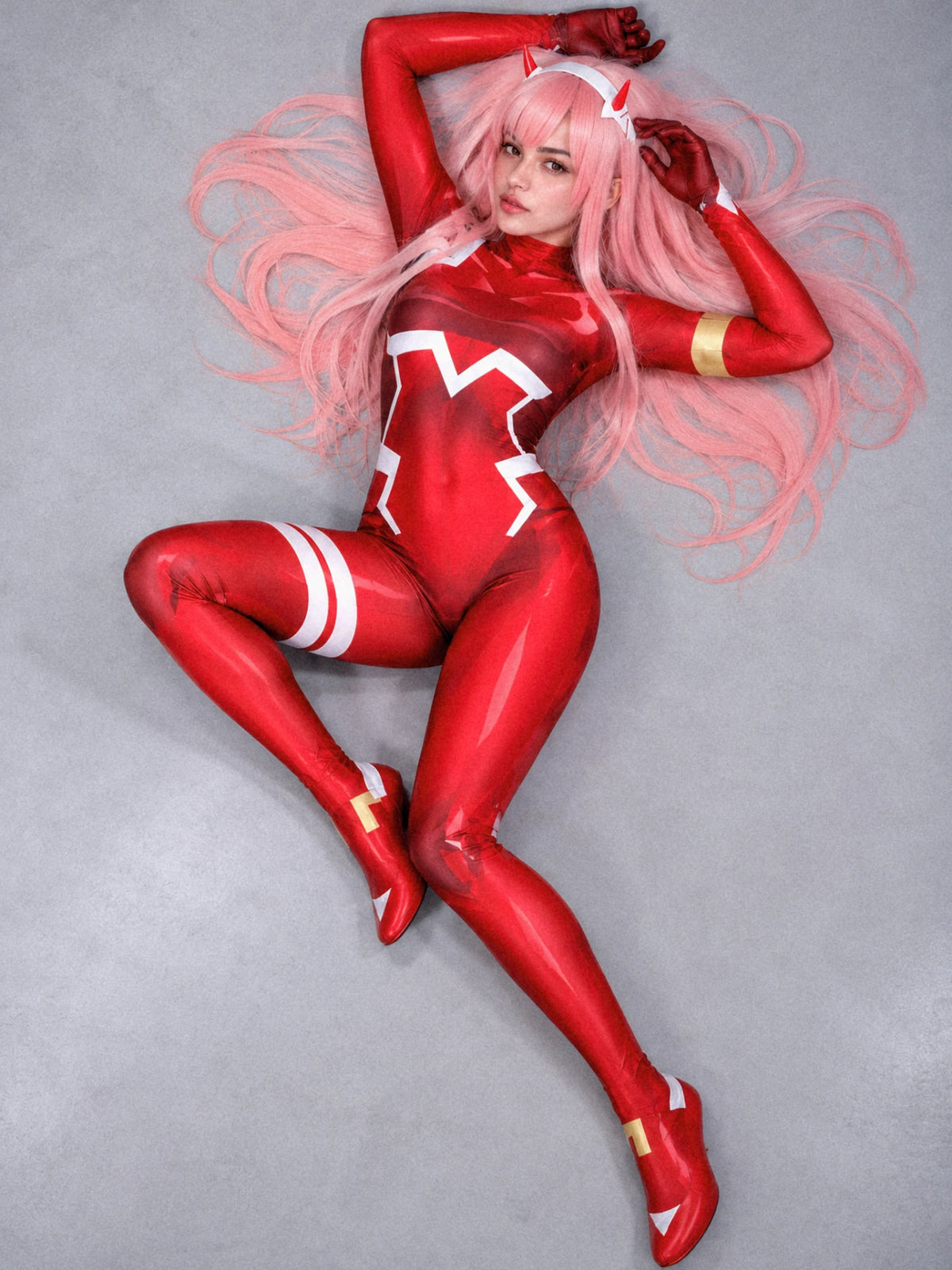 Zero Two cosplay overhead pose